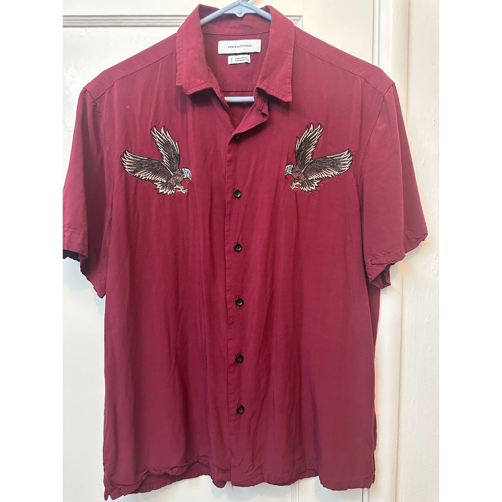 Urban Outfitters Mens Small Burgundy Rayon Eagle Embroidered Camp Shirt Maroon